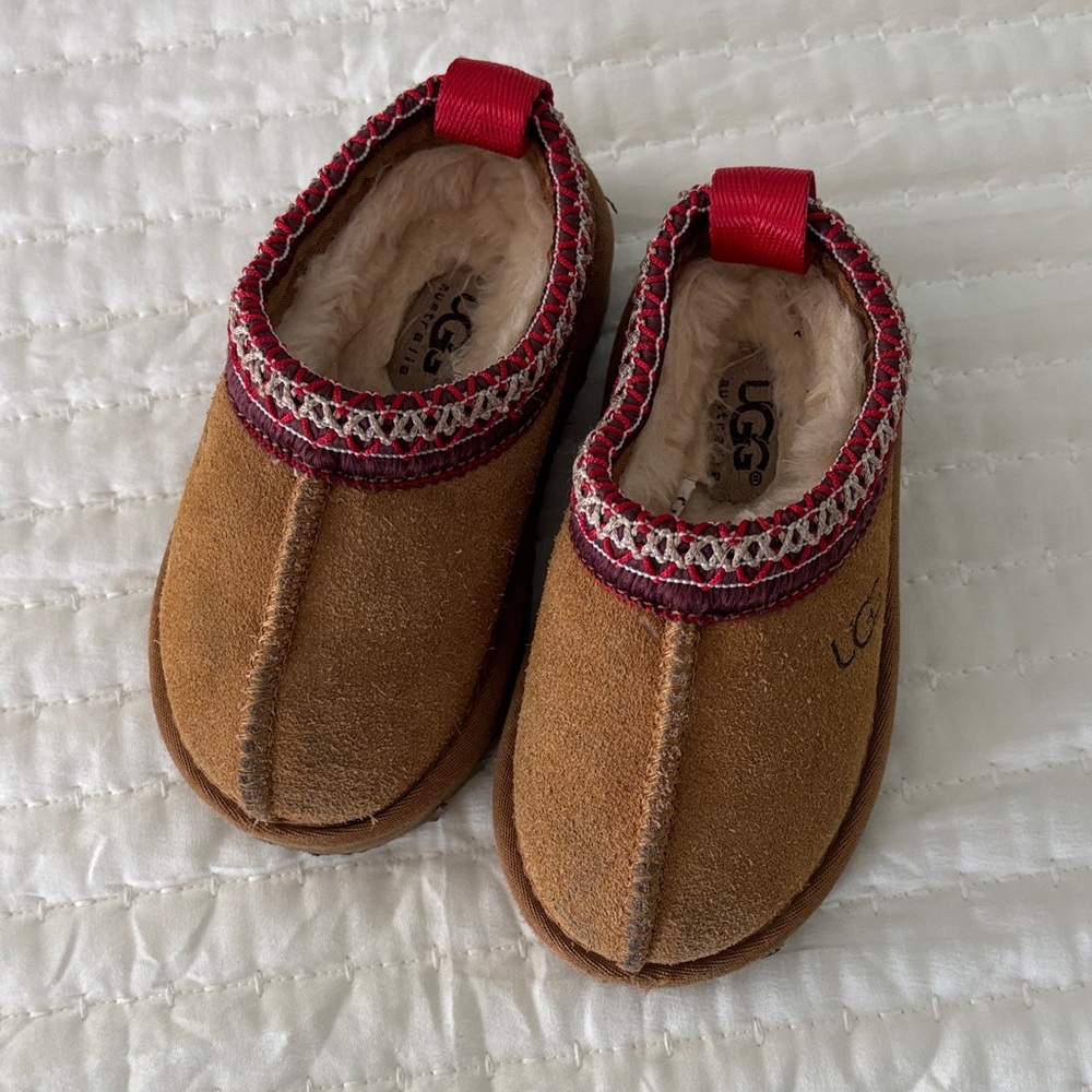 Tan Baby Booties with Red Accents Size 8